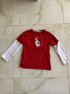 Janie and Jack Red Long-Sleeve Tee with Dog Applique and White Layered Sleeves